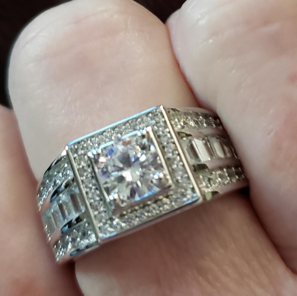14K White Gold Sterling Silver Wedding Thick Heavy Masculine Ring Luxury - Picture 11 of 13